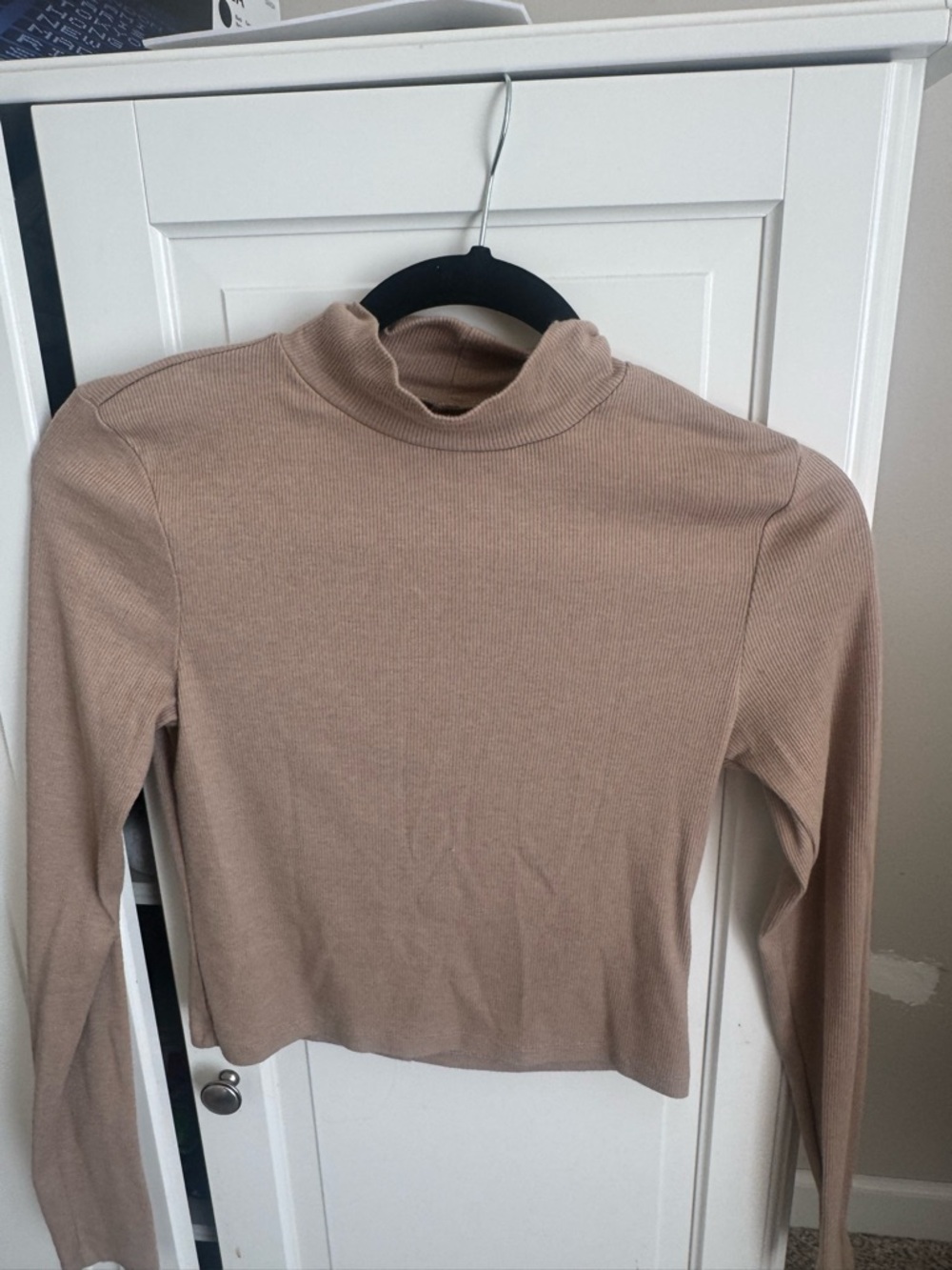 Womens Long Sleeve Mock Neck Top in Beige